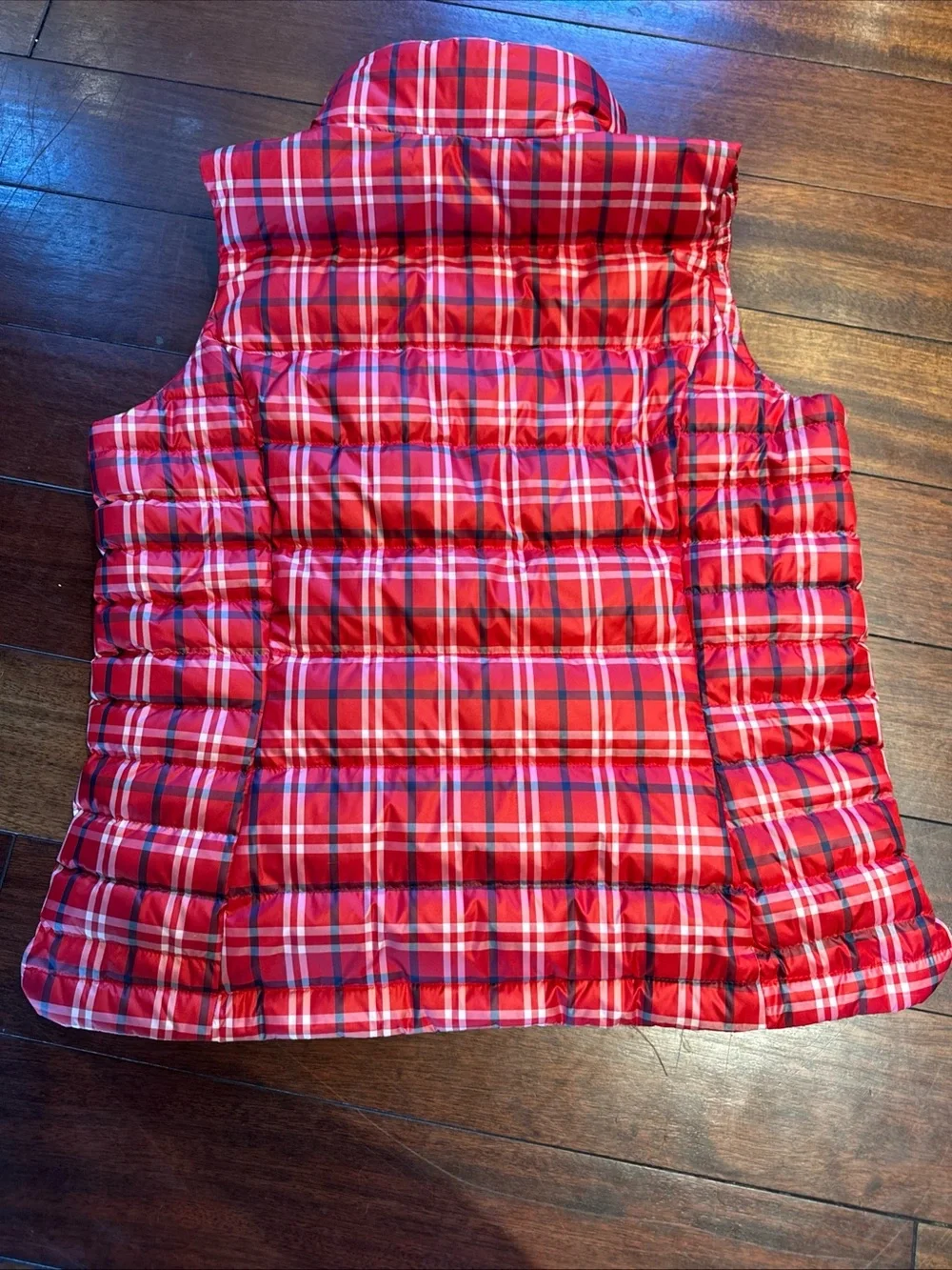 LANDS' END Women's L Down Puffer Vest Red Blue White Plaid Pockets